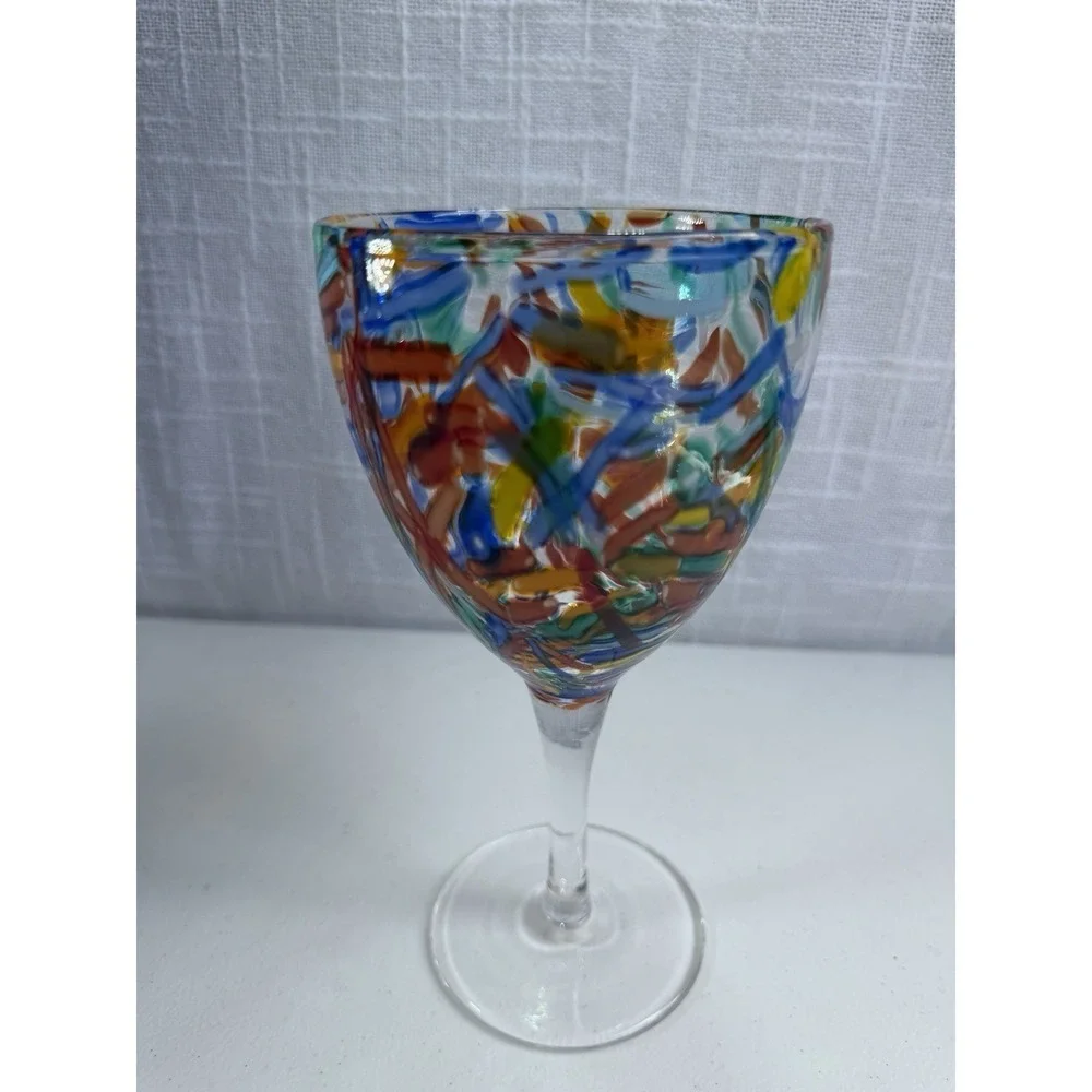Vntg Pier 1 Imports Multicolor Confetti Hand Blown Art Glass Goblets 8
